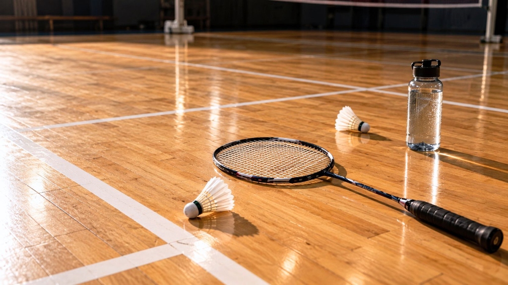 Badminton racket, shuttlecocks and water bottle on wooden court flooring at Nitesh Badminton Academy